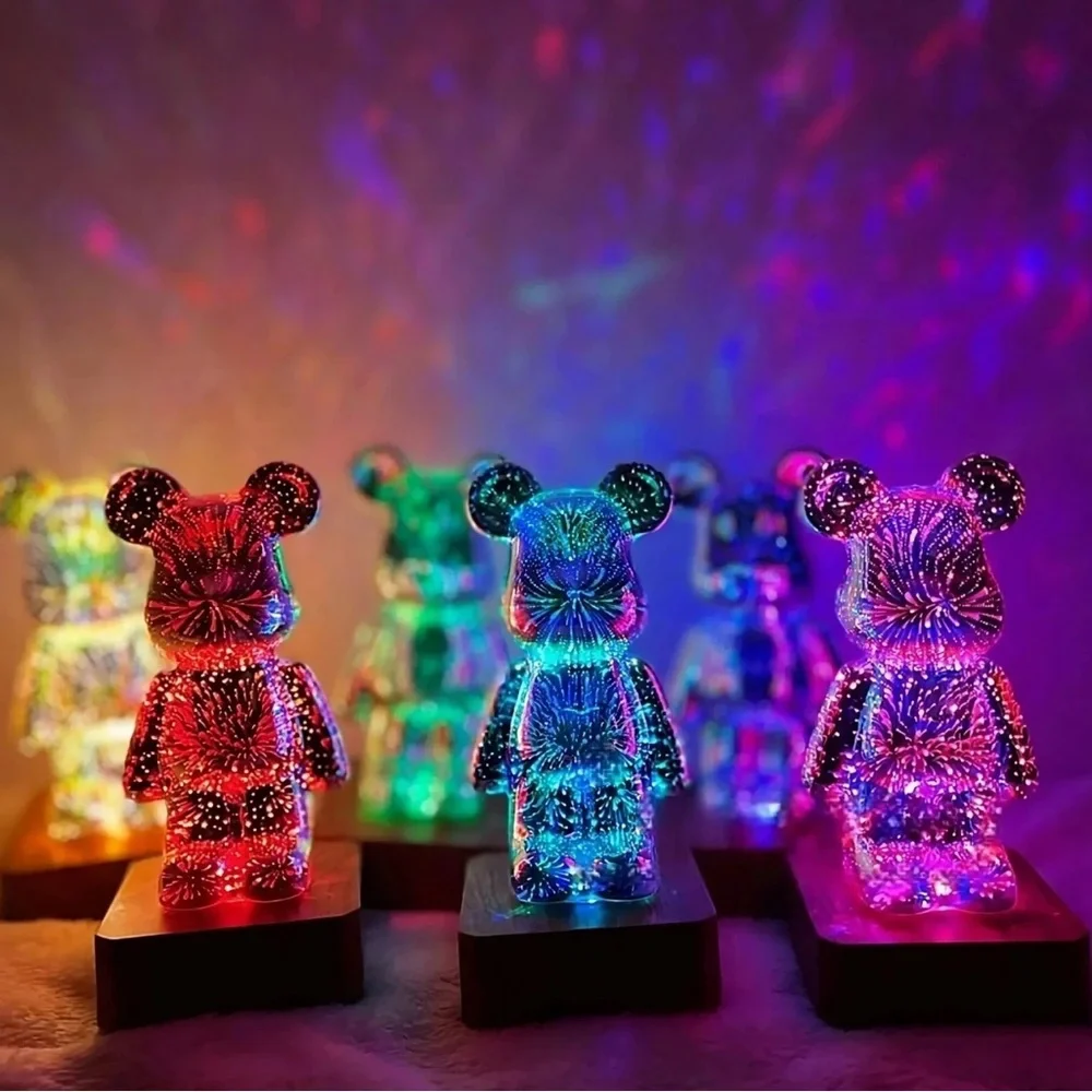 LED 3D Bear Firework Night Light USB Ambient Lamp for Kids, Bedroom, Gaming Deco